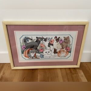 Vintage Framed Cat Cross Stitch Needlepoint Wall Art Handcrafted Floral Cats